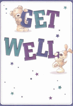 Bathed in the welcoming mood of Leyton's vibrant neighbourhoods, this joyful get well card features two animated friends-a plush teddy bear and a perky puppy-each fully engaged in a mission to deliver healing wishes. The bear, with his slightly tousled fur, balances atop the imposing 'GET' in playful delight, while the affectionate pup nestles below onto the bold 'WELL,' his ears and bright eyes radiating cheerful support. Teal and deep purple hues energise the chunky typography, giving the whole message a feeling of movement and vitality, much like the lively atmosphere found at Leyton's local markets. Scattered amongst them, twinkling stars rendered in blue and lavender fizz with promise, suggesting hope and possibility that shine during times of recuperation. The pristine white background sets the scene aglow with clarity and freshness, creating a clean canvas for these heartfelt wishes to take centre stage. The tactile textures-the bear's brushed, plush fur and the puppy's velvety coat-bring an almost real sense of touch, evoking the comfort of a freshly arranged bouquet crafted at Flowers Leyton. Every brushstroke and detail channels the same nurturing attention a florist invests in bringing brightness to a difficult day. Together, the card and its illustrated companions embody the optimism and caring spirit Leyton is known for, making it an ideal gesture to accompany local flower delivery for anyone on the path to recovery.